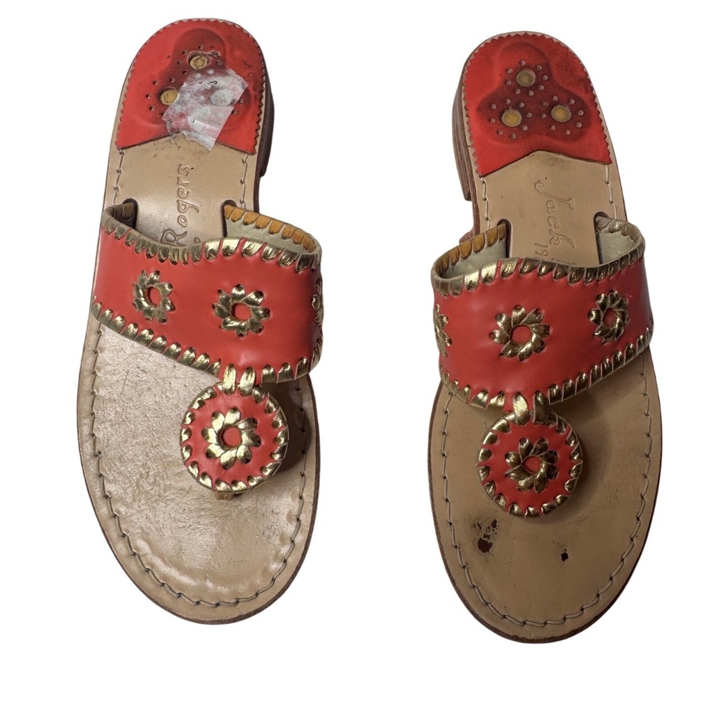 Jack Rogers Navajo Coral Orange Gold Whipstitch Leather Flat Sandals Womens